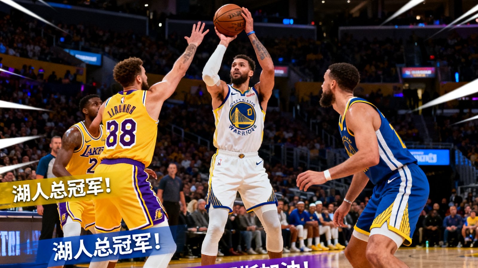 NBA季后赛湖人队对阵勇士队，高清直播界面包含实时弹幕和球迷互动